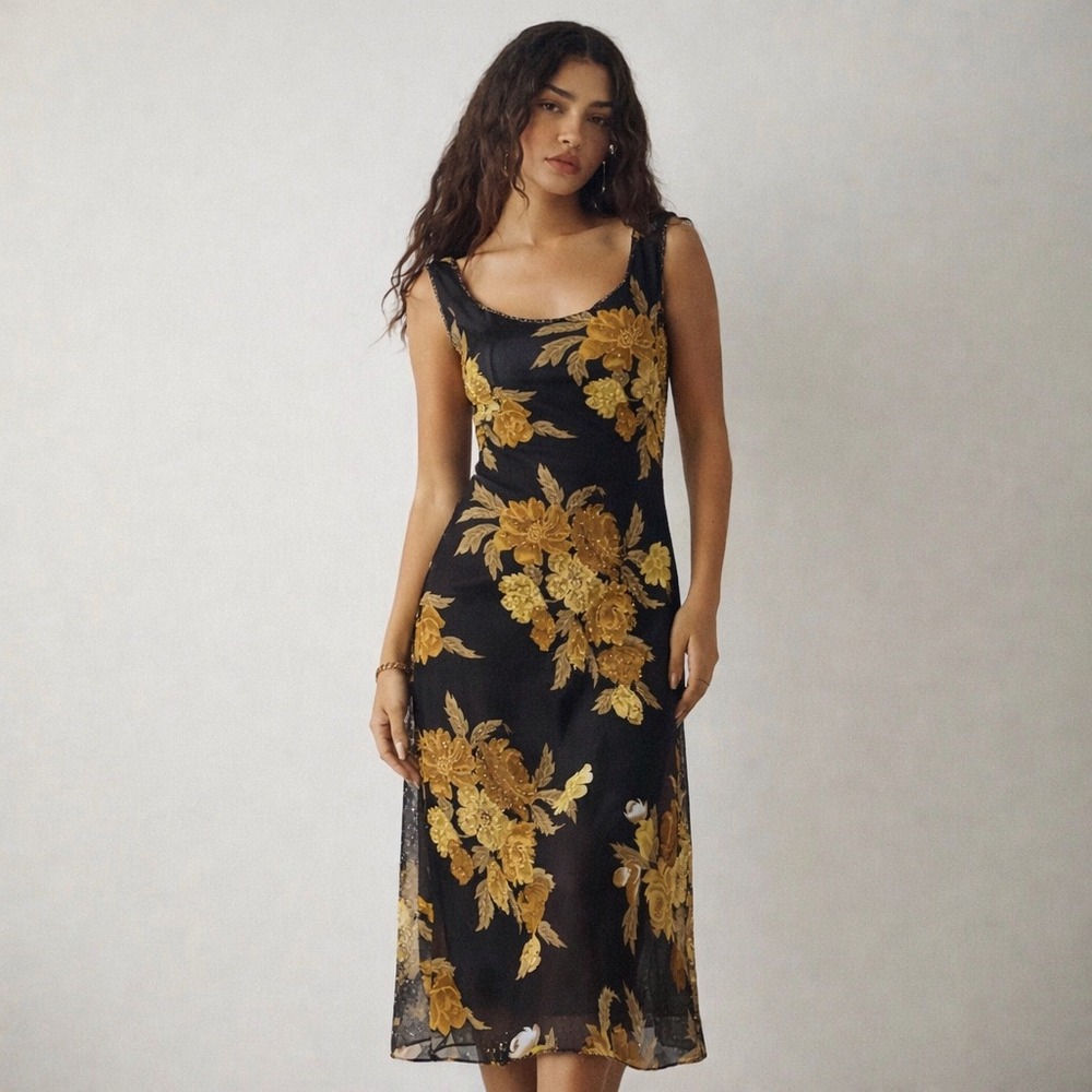 Black Gold Floral Beaded Dress Midi Elegant Evening Wedding Guest Size 12‎ VTG